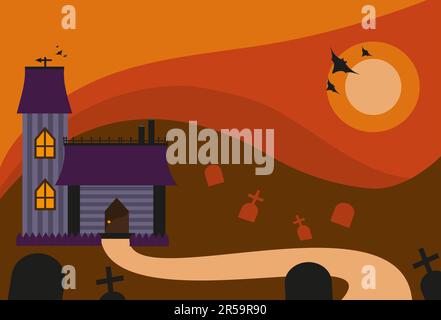 Paysage d'Halloween. Maison avec une route, tombes sur cimetière, chauves-souris dans le ciel avec lune. Ciel orange et rouge. Illustration de Vecteur