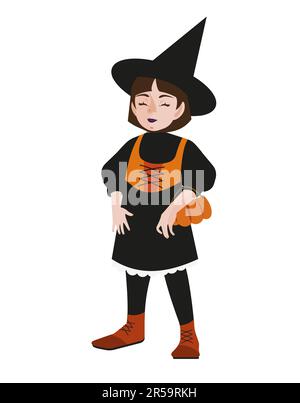 Halloween jeune femme sorcière avec visage gentil, panier de citrouille avec bonbons, yeux fermés. Illustration vectorielle plate isolée. Illustration de Vecteur