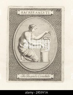 Une prêtresse faisant un sacrifice à la santé et à l'hygiène. La femme étrusque place un serpent dans un seau à l'une des déesses grecques Hygieia, la panacée, IASO, et Aceso, filles du dieu de la médecine Asclepius. D'un joyau blanc de jasper. Sacrificium Saluti dans Jaspide Candido. Gravure de plaques de cuivre de Francesco Valesio, Antonio Gori et Ridolfino Venuti’s Academia Etrusca, Musée Cortonense in quo Vetera Monumenta, (Académie étrusque ou Musée de Cortona), Faustus Amideus, Rome, 1750. Banque D'Images