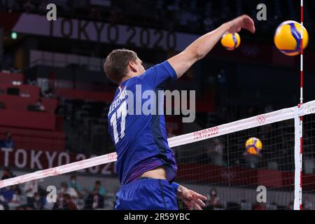 7 AOÛT 2021 - Tokyo, Japon: Trevor CLEVENOT #17 de Team FRANCE dans le match de la médaille d'or des hommes de volley-ball entre la France et le Comité olympique russe aux Jeux Olympiques de Tokyo 2020 (photo: Mickael Chavet/RX) Banque D'Images
