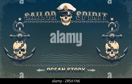 Affiche ancienne Pirate Maritime avec crânes et ancres Illustration de Vecteur
