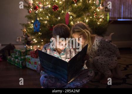 Garçon lisant un livre à une fille devant le sapin de noël Banque D'Images