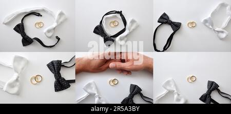 Plusieurs compositions conceptuelles de mariage gay avec un noeud noir avec des points blancs et un noeud blanc et deux anneaux de mariage. Vue de dessus. Banque D'Images