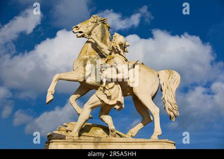 Statue équestre, Obotrite, apprivoiser son cheval sur le pont du château de Schwerin, Allemagne, Mecklembourg-Poméranie occidentale, Schwerin Banque D'Images