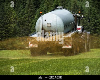 Un tracteur fertilisant un champ avec du fumier, Autriche Banque D'Images