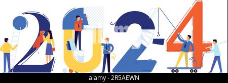 Le personnel du bureau se prépare à rencontrer la nouvelle année 2024. Illustration vectorielle. Les personnages de dessin animé réparent les numéros. L'image est isolée sur fond blanc Illustration de Vecteur