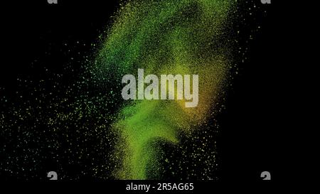particules vertes en chute, poudre colorée isolée sur fond noir Banque D'Images
