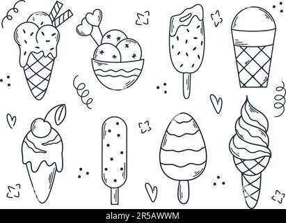 Ensemble de crèmes glacées dessinées à la main de différents types. Cône de glace, popsicle, sundae, boules de bol, lally à glace, collection de desserts au chocolat. Encre de glace Illustration de Vecteur