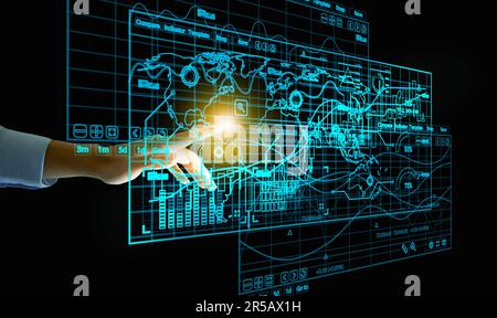 Business Analytics et Data Management System. Un homme analyse les fichiers et les rapports de la base de données mondiale pour les finances, les opérations, les ventes et le marketing Banque D'Images