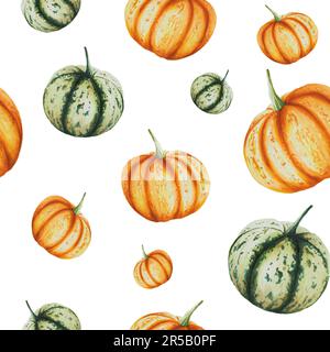 Motif sans couture isolé aquarelle d'automne avec fond blanc de citrouilles. Éléments saisonniers d'automne. Illustration de Thanksgiving, Halloween pour la conception Banque D'Images