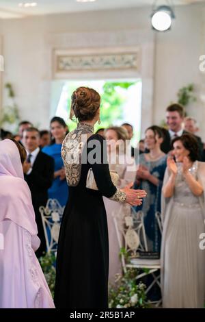 Amman, Jordanie. 31st mai 2023. La reine Rania de Jordanie fréquente son fils le prince héritier Al Hussein bin Abdullah II et sa mariée la princesse Rajwa al Hussein vue au palais Al Husseinieh à Amman, en Jordanie, sur 1 juin 2023. Photo de Balkis Press/ABACAPRESS.COM Credit: Abaca Press/Alay Live News Banque D'Images