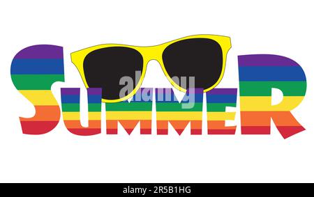Bannière d'été avec texte en couleur arc-en-ciel et lunettes de soleil jaunes sur fond blanc Illustration de Vecteur