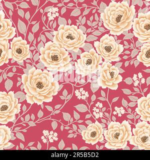 Motif fleuri sans couture de fleurs blanches sur fond rose Cerise dans un style chinoiserie. Art. Dessiné à la main Papier peint Design pour textiles, papiers, tirages, mode, fond de carte, Produits de beauté. Illustration de Vecteur
