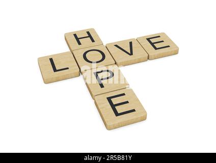 Love Hope mots écrits avec des lettres en bois. Rendu 3D. Isolé sur fond blanc Banque D'Images