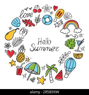 L'icône des gribouillages d'été est mise en forme. Bonjour été. Collection d'icônes de lignes dessinées à la main. Ensemble d'articles de plage d'été. Illustration de Vecteur