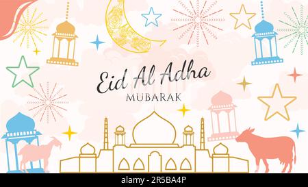 eid al adha fond vectoriel plat dans des couleurs pastel et style doodle. convient pour une utilisation sur une carte de vœux. affiche horizontale.en-tête pour le site web Illustration de Vecteur