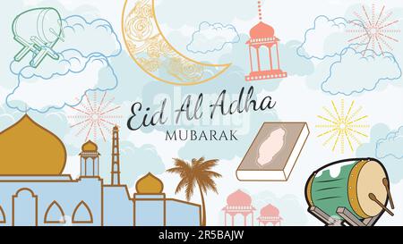 eid al adha fond vectoriel plat dans des couleurs pastel et style doodle. convient pour une utilisation sur une carte de vœux. affiche horizontale.en-tête pour le site web Illustration de Vecteur