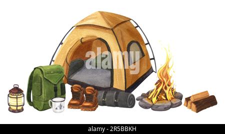 Campement de bannière aquarelle avec tente, sac à dos, bottes, bois de chauffage, lampe et feu de camp. Illustration dessinée à la main campant isolée sur fond blanc. Pour Banque D'Images