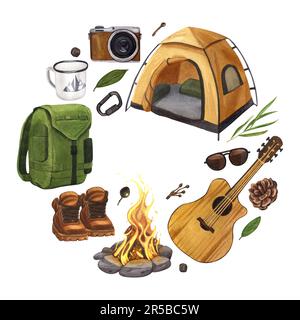 Aquarelle camping de composition ronde avec tente, feu de camp, sac à dos, gitar, bottes. Illustration dessinée à la main en randonnée isolée sur fond blanc. Pour Banque D'Images