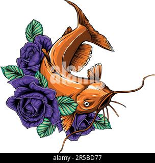 Illustration vectorielle d'un grand poisson-chat d'eau douce avec fleur Illustration de Vecteur