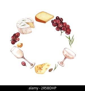 Cadre rond au vin et au fromage aquarelle. Dessinez à la main le fond de la carte circulaire avec des objets alimentaires sur un blanc isolé. Boisson pour le menu, café, vin Banque D'Images