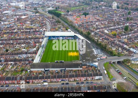 Luton, Royaume-Uni. 29th mai 2023. Vue aérienne du Kenilworth Road Stadium, qui accueillera désormais le football de la Premier League après la promotion du club de football de Luton Town par le biais du championnat Play-off. Photo prise à Kenilworth Road, Luton, Bedfordshire, Angleterre, le 20 novembre 2020. Photo de David Horn. Crédit : Prime Media Images/Alamy Live News Banque D'Images