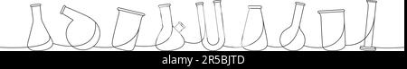 Verrerie de laboratoire, dessin continu d'une ligne. Flacon conique, bécher en verre, verrerie, flacon à fond rond, illustration continue d'une ligne. Illustration de Vecteur