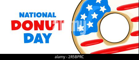 Lettrage National Donut Day avec donut dans les couleurs du drapeau des États-Unis. Concept de bannière. Dessin animé. Illustration vectorielle. Illustration de Vecteur