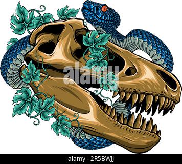 illustration vectorielle du crâne de dinosaure avec serpent et feuilles Illustration de Vecteur