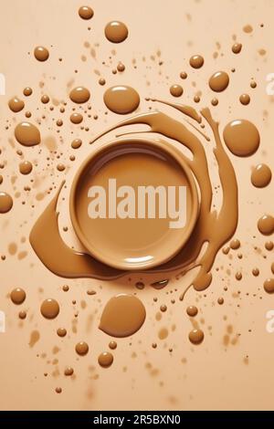 Maquette de fond de maquillage sur fond beige avec gouttes. Le concept de cosmétiques décoratifs pour le visage. Vue de dessus Banque D'Images