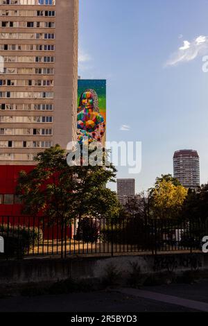 Paris, France - 13, juillet : vue de la murale géante peinte sous le titre de la nouvelle Joconde de Okuda San Miguel dans le 13th arrondissement de Paris sur 13 juillet, Banque D'Images