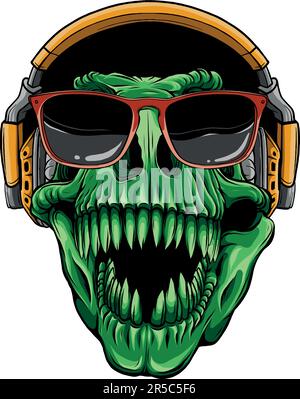 Illustration vectorielle du crâne Dinosaur T-rex dans des écouteurs et des lunettes de soleil Illustration de Vecteur