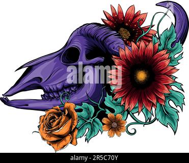 Illustration vectorielle du crâne de Buffalo et des fleurs Illustration de Vecteur