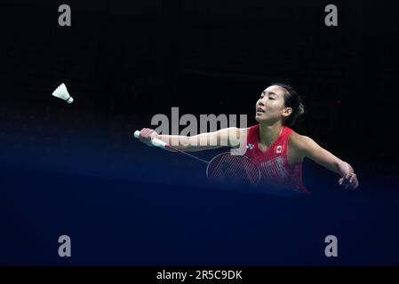 Bangkok, Thaïlande. 02nd juin 2023. Michelle Li du Canada joue contre Carolina Marin de l'Espagne pendant le single de Badminton Women au Thailand Open 2023 au stade intérieur de Huamark. Carolina Marin a gagné Michelle Li 2:0 (21:19, 21:12). Crédit : SOPA Images Limited/Alamy Live News Banque D'Images