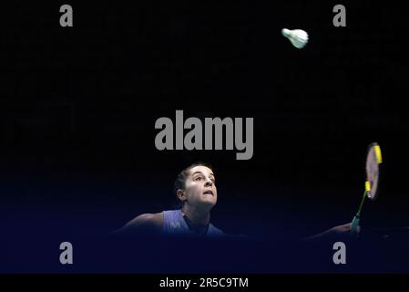 Bangkok, Thaïlande. 02nd juin 2023. Carolina Marin d'Espagne joue contre Michelle Li du Canada pendant le single Badminton Womenís dans le Thailand Open 2023 au stade intérieur de Huamark. Carolina Marin a gagné Michelle Li 2:0 (21:19, 21:12). Crédit : SOPA Images Limited/Alamy Live News Banque D'Images