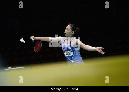 Bangkok, Thaïlande. 02nd juin 2023. Pornpawee Chochuwong de Thaïlande joue contre lui Bing Jiao de Chine pendant le single de Badminton Womenís en Thaïlande Open 2023 au stade intérieur de Huamark. Il Bing Jiao a gagné Pornpawee Chochuwong 2:0 (21:10, 21:19). Crédit : SOPA Images Limited/Alamy Live News Banque D'Images