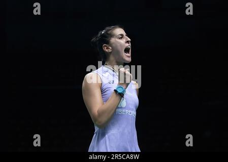Bangkok, Thaïlande. 02nd juin 2023. Carolina Marin d'Espagne joue contre Michelle Li du Canada pendant le single Badminton Womenís dans le Thailand Open 2023 au stade intérieur de Huamark. Carolina Marin a gagné Michelle Li 2:0 (21:19, 21:12). (Photo de Peerapon Boonyakiat/SOPA image/Sipa USA) crédit: SIPA USA/Alay Live News Banque D'Images