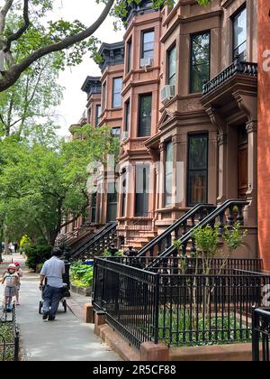 Mailman livre du courrier dans une rue résidentielle du quartier Park Slope de Brooklyn, New York. Banque D'Images