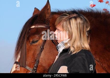 Girls and Welsh Pony, Section D, Mare, Welsh Cob Banque D'Images