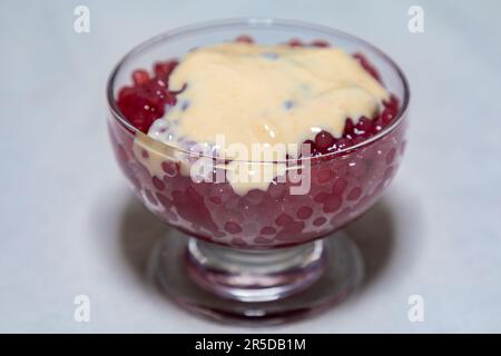 Vin rouge sagou à la crème vanille, dessert culturel traditionnel du sud du Brésil. culture gaucho. Sagu Banque D'Images