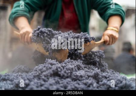 Les membres de la minorité chinoise locale Dong cuisinent du riz noir à la vapeur tôt le matin pour célébrer le festival Guyu dans le village de Zhaoxing, Guizhou, en Chine. Banque D'Images