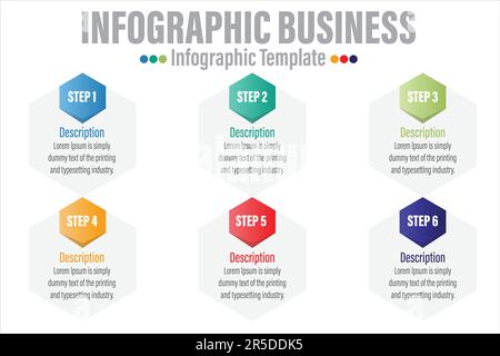 Modèle d'infographie. 6 parcours chronologique en étapes, modèle de conception d'infographies simple et plat. graphique de présentation. Concept commercial avec numéros six 6 optio Illustration de Vecteur