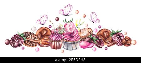 La composition aquarelle des desserts, des cupcakes, des sucreries, des fraises au chocolat et du café sur fond blanc. Illustration isolée pour les hommes de conception Banque D'Images