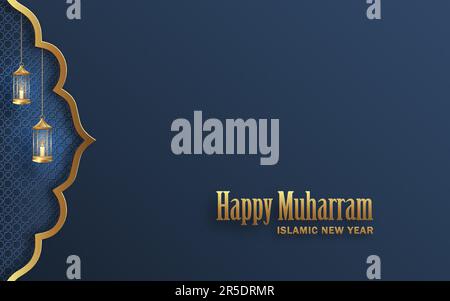 Happy Muharram, le nouvel an islamique, nouveau motif de l'année Hijri avec motif or sur fond de couleur Illustration de Vecteur