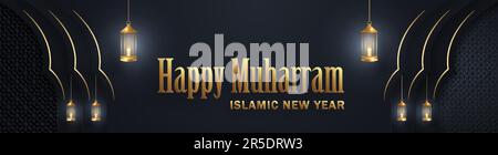 Happy Muharram, le nouvel an islamique, nouveau motif de l'année Hijri avec motif or sur fond de couleur Illustration de Vecteur