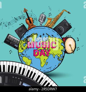 happy world music day et instruments de musique sur fond bleu. dessin vectoriel Illustration de Vecteur