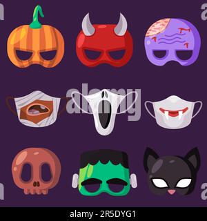 Horreur halloween personnage de monstre ensemble collection de masque Creepy créature amusant style pour enfants Illustration de Vecteur