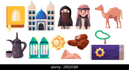 Arabe collection musulmane ensemble objet personnage personnes chameau sable dunes prière tapis dates fruit ramadan lampe mosquée Illustration de Vecteur