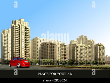 Rue résidentielle dans la ville moderne avec image de voiture rouge. illustration à vecteur de 3d couleurs Illustration de Vecteur