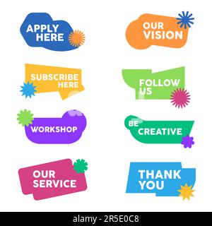 Bouton Web sticker lien collection appel à l'action texte appliquer ici notre vision s'abonner ici Suivez-nous atelier et merci Illustration de Vecteur